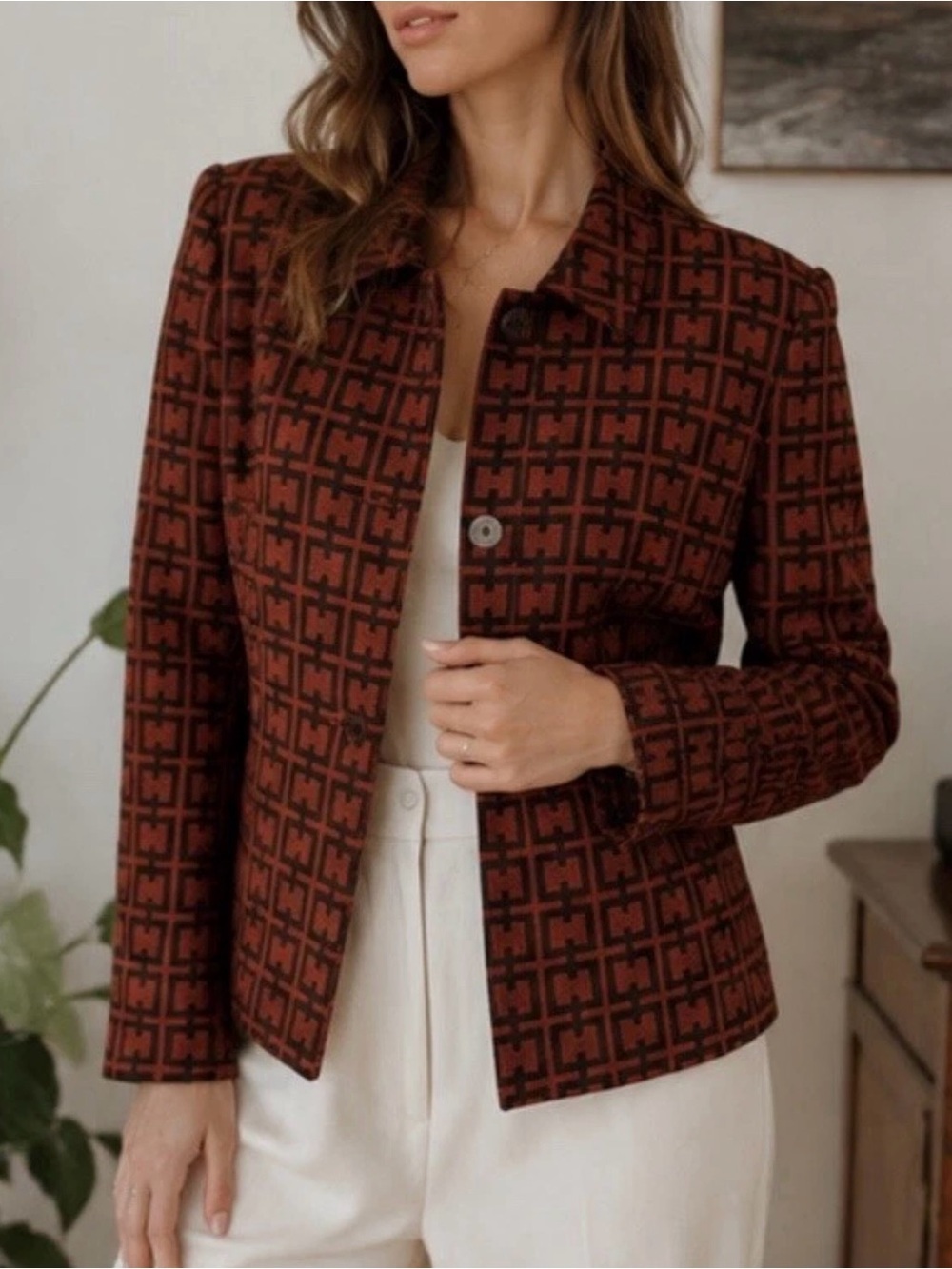 Oscar de la Renta Vintage Wool Blazer Greek Key Geometric Made USA Petite 2P